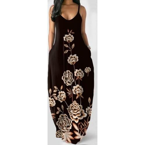 Women Dress Summer 2021 Casual Sleeveless Floral Print Beach Long Dress V-neck Sling Fashion Beach Clothes Loose Dress