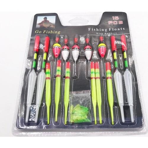 1 set (15Pcs) Vertical Buoy Sea Fishing Floats Assorted Size for Most Type of Angling with Attachment Rubbers Fishing Lures