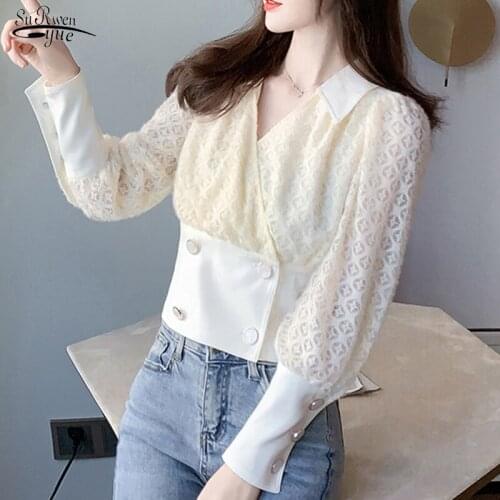 2021 Autumn Sexy V Neck Lace Blouse Women Casual Long Sleeve Apricot Women Shirts Lace Fashion Female Clothing Blusas 16137