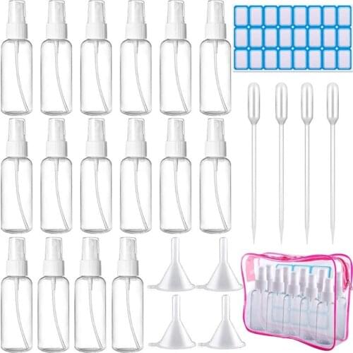 27RC 16Pcs 30ml Clear Empty Mini Mister Spray Bottles Refillable Container Pocket Size Sprayer with Funnels Labels Set