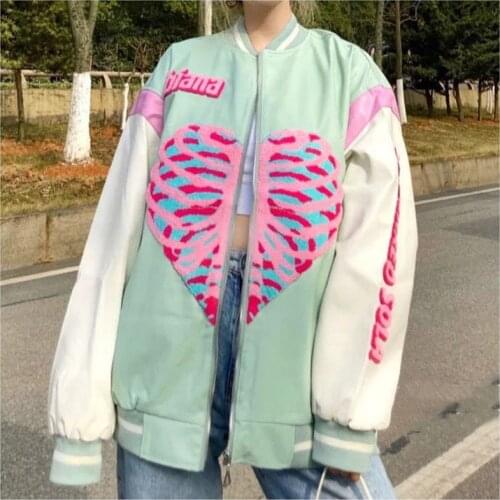 HOUZHOU Baseball Bomber Jacket Women Oversized Vintage Harajuku Streetwear Korean Style Zipper Spring and Autumn Loose Coat