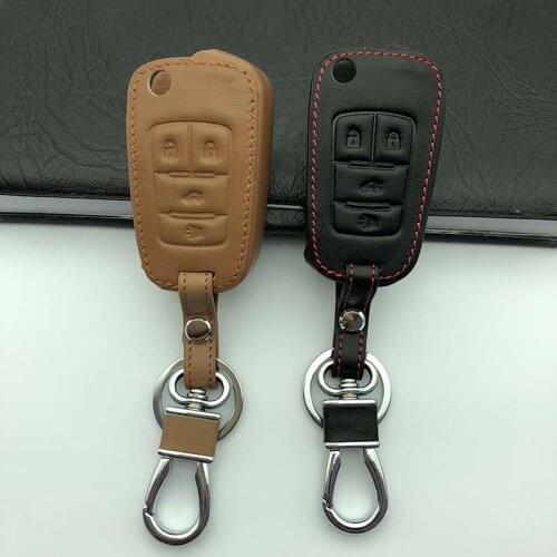 Genuine Leather Car Key Cover Auto Key Ring Holder For Chevrolet Cruze Trax Lova Malibu Buick Opel Mokka 4 Button fold key case