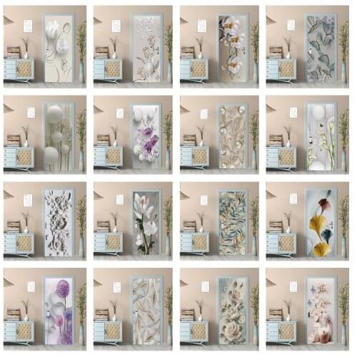 Flower Butterfly 3D Wallpaper Door Sticker Corridor Room Decor Wall Sticker Self-Stick Vinyl Mural Custom Size DIY Door Posters