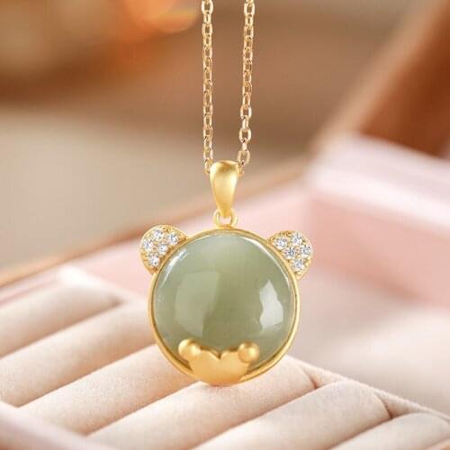 Natural Hetian Jasper bear shape lovely Pendant Necklace Chinese style retro elegant light luxury charm womens silver jewelry