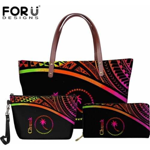 FORUDESIGNS Hot Sale 3Pcs/Set Women Handbags and Pu Purse Chuuk Polynesian Tribe Pattern Gradient Ladies Beach Party Bag Sac