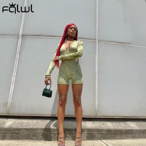 FQLWL Autumn Tie Dye Print Sexy Rompers Womens Jumpsuit Long Sleeve Deep V Neck Backless Bodycon Romper Female One Piece Outfit