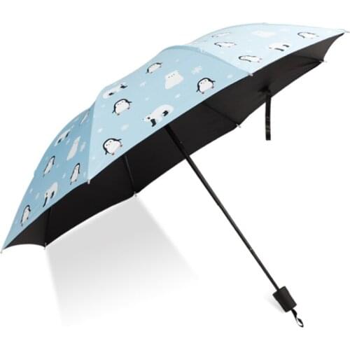 Ins Cute Lady Sunny And Riany Three Floding Blackcoating Penguin Umbrella