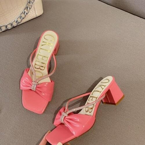 Exquisite Rhinestone Sweet Bow Square Toe Mid-Heel High Heels Summer New Fashion Outer Wear Ladies Slippers