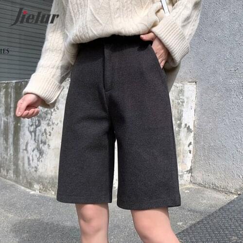 Jielur Dark Gray Black Woolen Half Pants Female High-waisted Oversize M-5XL Casual Straight Short Pants for Women Autumn Winter