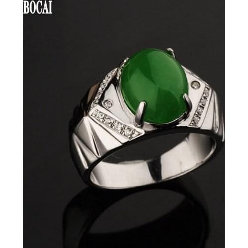 BOCAI real s925 pure silver ring for men fashion natural green chalcedony mens ring high quality gift