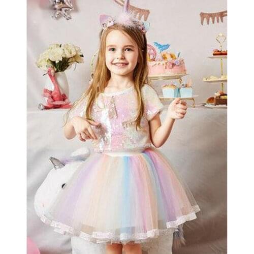 Kids Gils Clothes Set 2021 New Style Children Girl Clothing Tutu Lace Skirt+Tops 2Pcs Sequined Top Rainbow Mesh Skirt Clothing