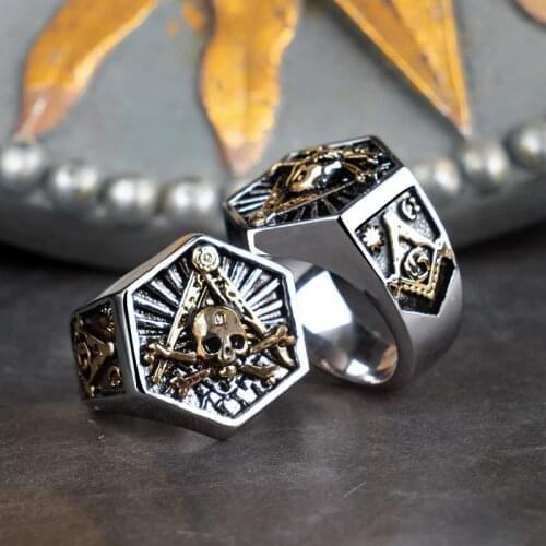 Masonic Ring For Men hexagon skull Stainless steel Freemason Totem Jewelry hippop street culture mygrillz