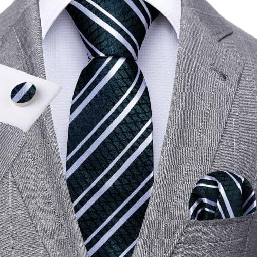 Fashion Green Striped Men Tie Set Silk Jacquard Necktie Wedding Business Handkerchief Cufflinks Tie Barry.Wang Designer FA-5331