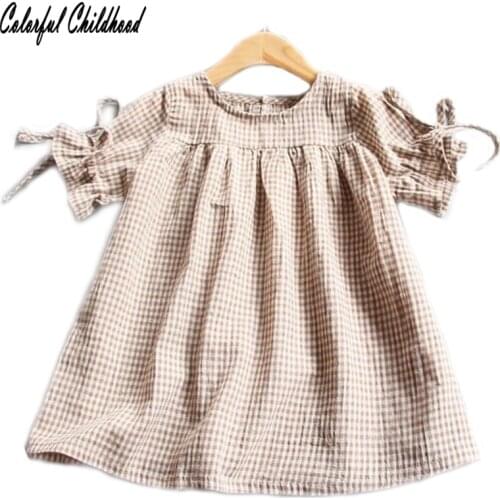 Soft breathable cotton linen short sleeve kids dress summer casual princess girls dresses plaid toddler baby clothing vestidos