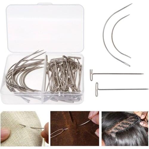 70PCS Wig Making Pins Needles Set T Pins+2.5/3.5 inch C Curved Hair Weave Needles for Making Hair DIY Tools Accessories #280670