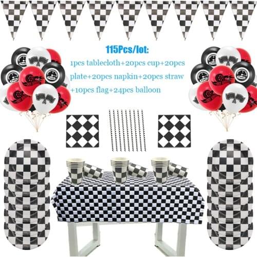 Racing Car Theme Design 115 Pcs/Lot Disposable Tableware Sets Boys Birthday Party Black White Grid Party Decoration Supplies