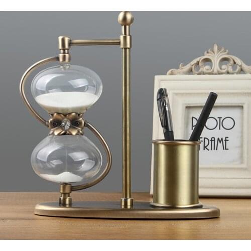 Hourglass sand timer for 15min\30min\60min tabletop metal watch&clock+pen holder for home decoration new arrival