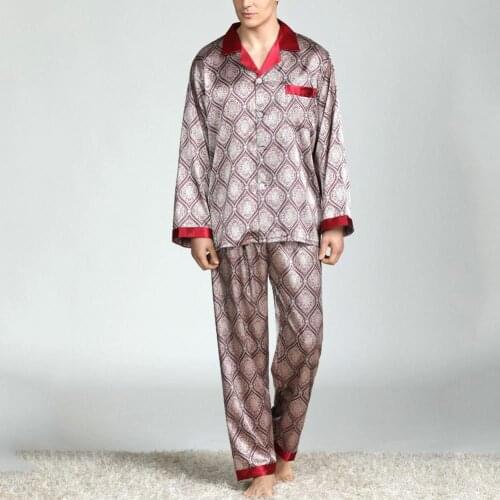 2pcs/Set Mens Pajamas Set Autumn Imitation Silk Sleepwear Men Long Sleeve Shirts Top Long Pants Set Men Nightwear pijama hombre