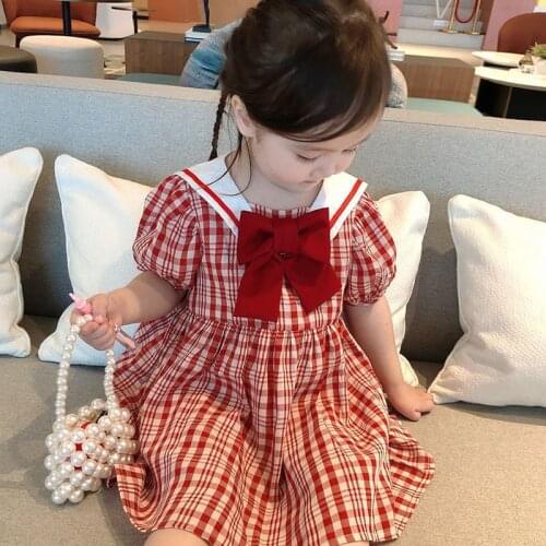 Preppy Style Dress Red Bow 2021 Summer Baby Girls Dress Children Clothes Brand Kids Cotton Short Sleeve Dresses