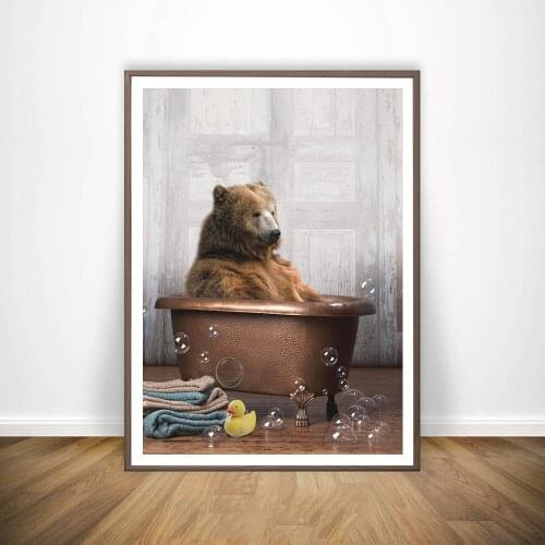 Animal in Bathtub Poster Print Highland Cow Bear Alpaca Elephant Canvas Painting Nursery Wall Art Nordic Pictures Kid Room Decor