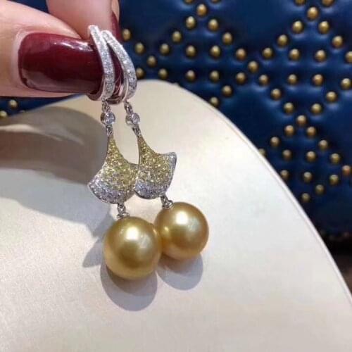 D707 Pearl Earrings Fine Jewelry 925 Sterling Silver Round 10mm Fresh Water Golden Pearls Drop Dangle Earrings for Women