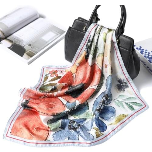 2020 Women Small Square Scarf Plant Print Silk Scarves and Wrap Floral Ladies Retro Spring Summer Office Hair Neck Foulard