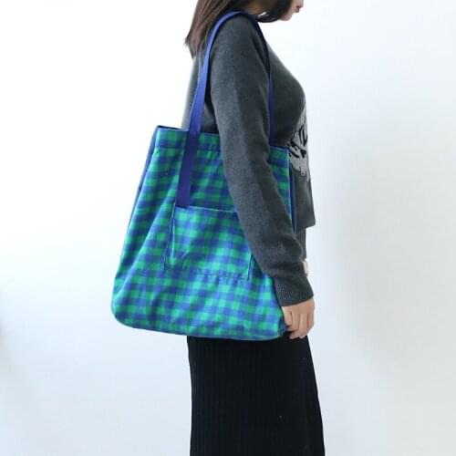 Girls Student Cotton Fabric Fashion Shoulder Tote Handbag Plaid Women Reusable Grocery Bag Foldable Shopping Bag