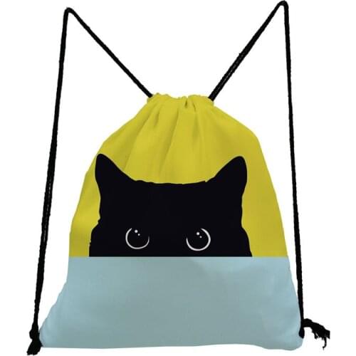 Cartoon Black Cat Drawstring Bags Unisex Backpack Reusable Women Storage Bag Child Yellow Book Bag Portable Foldable Shoe Pocket