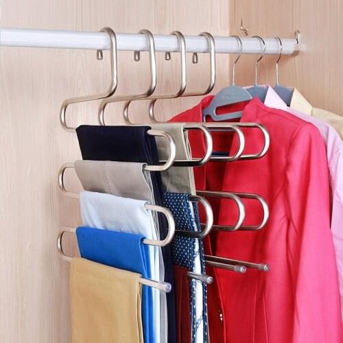 A2841-S Magic Stainless Steel Trousers Hanger Multifunction Pants Closet Belt Holder Rack S-type 5 Layers Saving Space XBFF