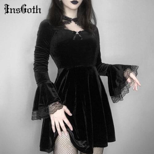 InsGoth Vintage Sexy Velvet Skull Pendant Dress Mall Gothic High Waist Flared Sleeve Lace Mini Dresses Ladies Club Party Dresses