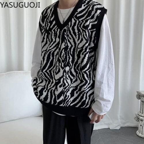 YASUGUOJI Vintage Loose Zebra Stripes Sweater Vest for Men Autumn Winter Korean Knitted Vest Sleeveless Jecket Chaleco Mujer