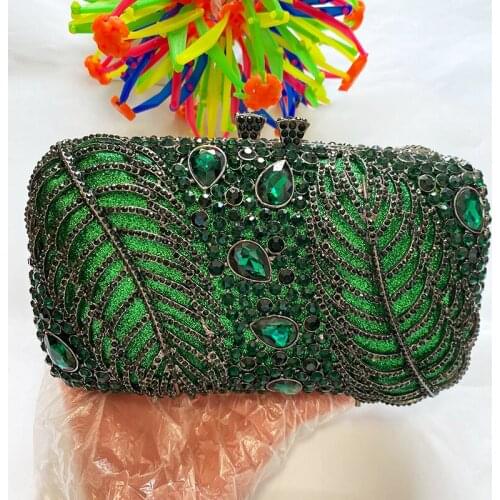 WHTUOHENG Fashion Green Leaves Rhinestone Diamond Women Clutch Bag High-End Lady Crystal Evening Party Prom Shoulder Phone Bags