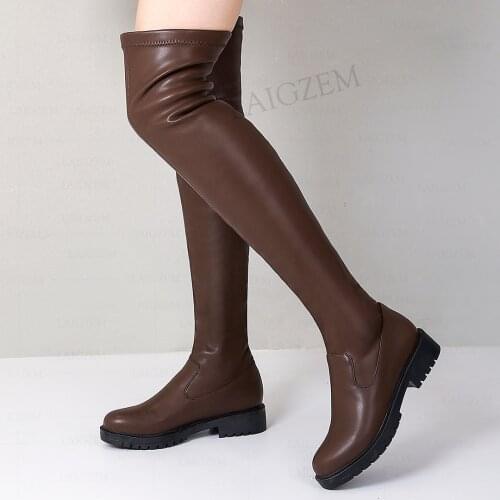 LAIGZEM Women Over Knee Boots Stretchy Faux Leather Slip On Low 4CM Heels Tall Boot Shoes Woman Botines Mujer Big Size 39 41 43