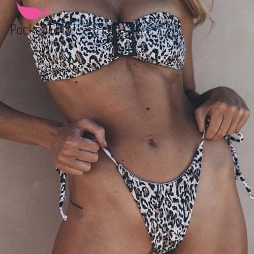 Pocket Girl 2020 Women Beach Mujer Swimsuit Female Bikini Set Leopard Bikinis Strapless Ensemble Coupe Biquini Maillots De Bain