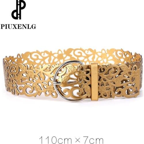 2020 New WomenS Best Pu Belt Fashion Luxury Street Fashion Classic Metal Buckle Hollow Wide Elastic Ladies Belt