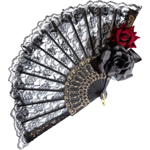 Vintage Lolita Victorian Gothic Women Lace Hand Fan Black Red Rose Gothic Fans For Party Halloween