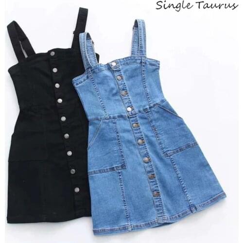 Spaghetti Strap Jeans Dress Women Single Row Button High Waist Denim Casual Dress Fashion Slim High Street Preppy Mini Vestidos
