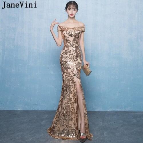 JaneVini Sexy Mermaid Gold Prom Dresses Long 2019 Off Shoulder Sparkle Sequined Side Split Backless Women Prom Dress Gala Jurk