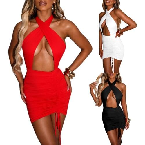 Women’s Sexy Cross Halter Short Dress Fashion Solid Color Drawstring Pleated Slim Fit Dress 2021 Clubwear