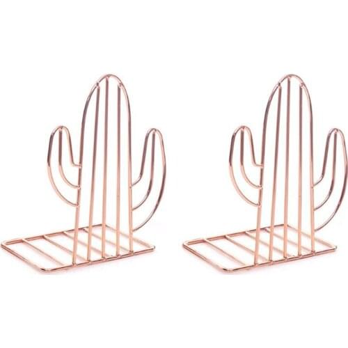 2PCS/Pair Creative Cactus Shaped Metal Bookends Book Support Stand Desk Organizer Storage Holder Shelf-Rose Gold