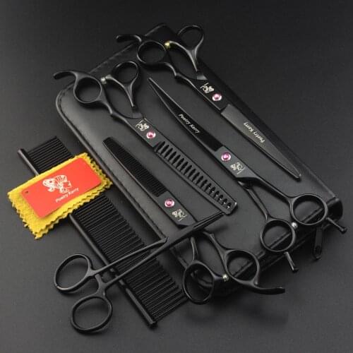 7 " Professional pet grooming kit, straight and thinning scissors and curved pieces 3 pieces. BlackRight-handed Pet Scissors Set