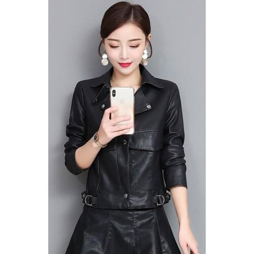 Fashion Women Coat Korean Black Faux Leather Jacket Spring 2020 Abrigo Mujer QQ06160 Pph560