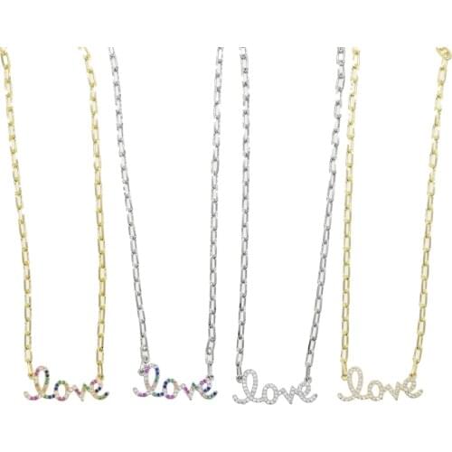 High quality open link chain necklace 2 colors basic paper clip chain rainbow clear cz letter love charm necklaces