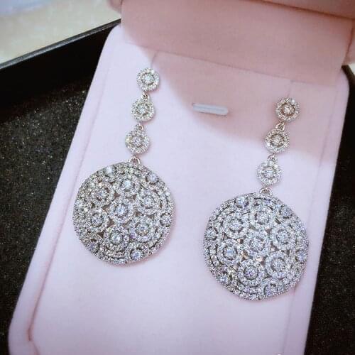 Jane Kelly New Fashion Popular Luxury Long Round Shape Dangle Full Mirco Pave Cubic Zirconia Engagement Party Silver Earring