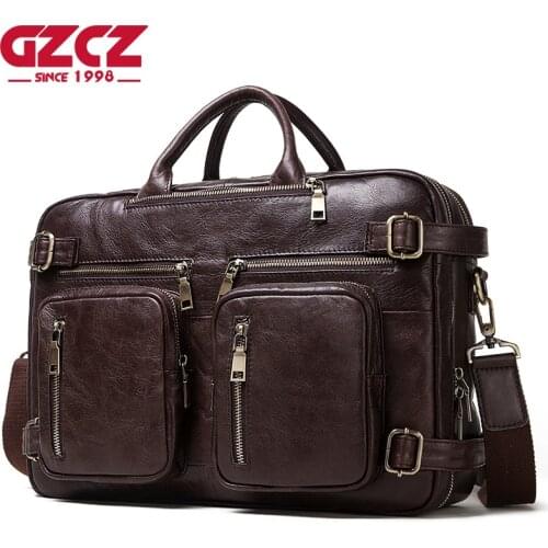 GZCZ 100% Genuine Leather Men Handbag Briefcase Quality Travel Briefcase Business Leather Shoulder Messenger Bags Sling Tote