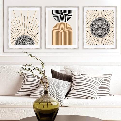 Sun Illustration Mid Century Modern Block Print Orange and Black Mandala Poster Canvas Painting Wall Picture Living Room Decor