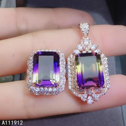 KJJEAXCMY fine jewelry Ametrine 925 sterling silver women gemstone pendant necklace chain ring set classic
