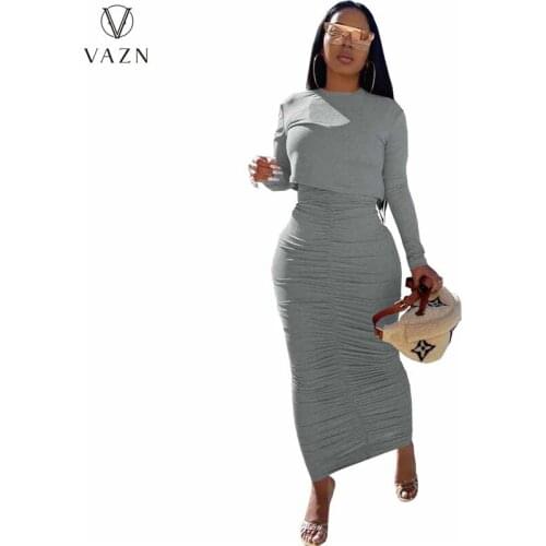 VAZN 2021 Autumn High Waist Dress Set Sweet Solid Sexy Young Full Sleeve Group Maxi Skirts High Waist Skinny Women 2 Piece Set