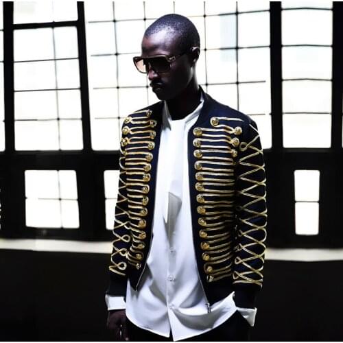 Suit Gold Black Jacket Men Luxury Gold Metal Buckle String Heavy Workmanship Slim Fit Jacket Men Terno Masculino