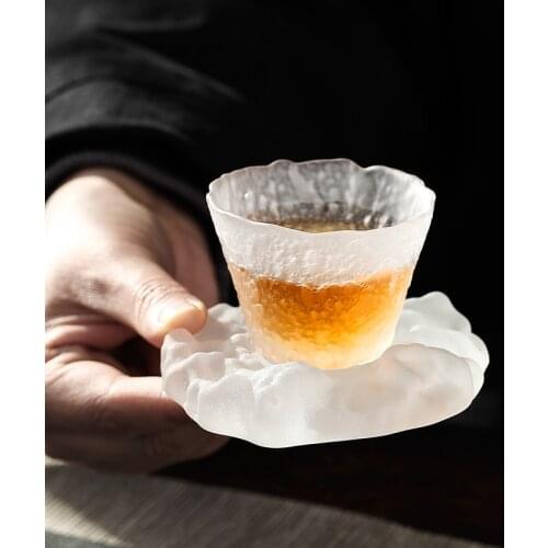 Frosted Glass Teacup Tea Ceremony Coaster Japanese Zen Handmade Kungfu Tea Cup Set Accessories Saucer Insulation Holder Home